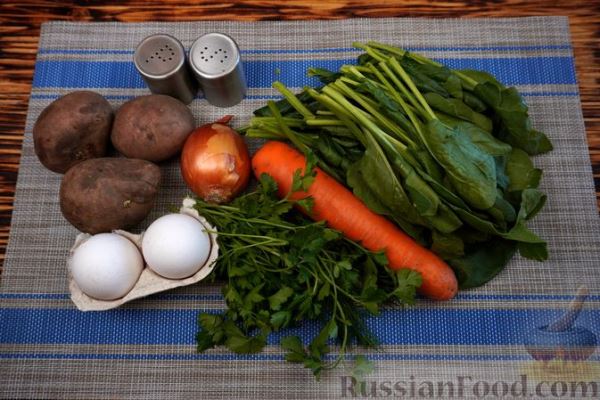 Овощной суп со шпинатом и варёными яйцами